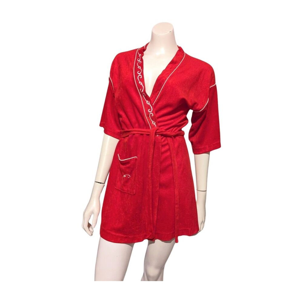 Vintage Reasa Martin Dressing Robe Swim Cover S Red Fleece Emb Belted Short